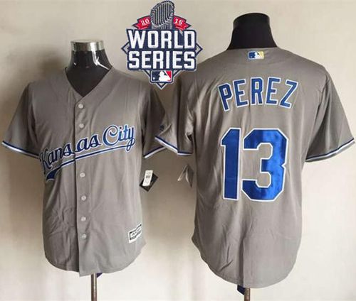 Royals #13 Salvador Perez New Grey Cool Base W/2015 World Series Patch Stitched MLB Jersey - Click Image to Close